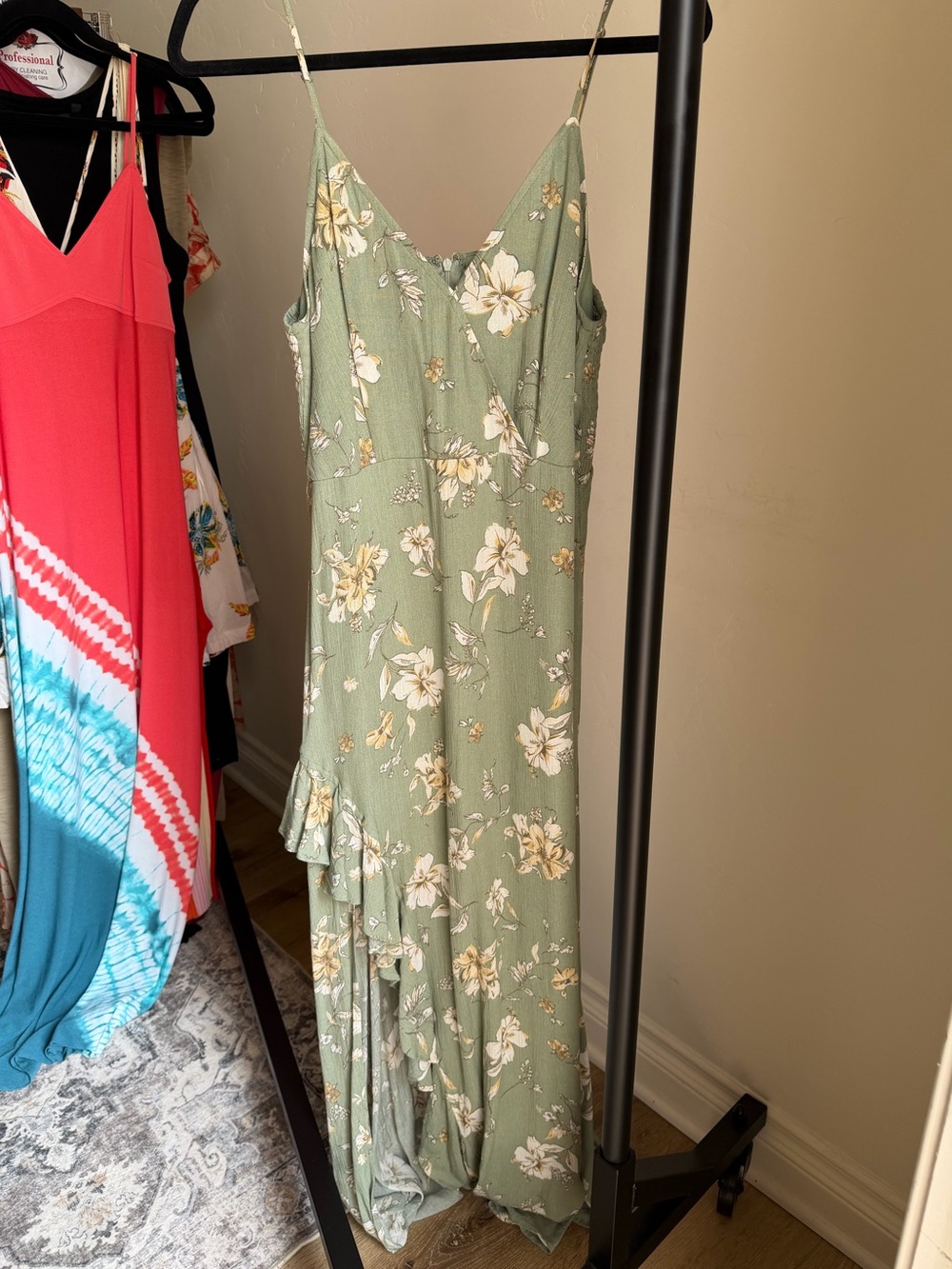 Sage Floral Maxi Slip Dress with Spaghetti Straps
